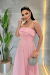 Dantel Kumaş Straplez Elbise - PEMBE
