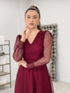 Dantel Kumaş V Yaka Midi Elbise - BORDO