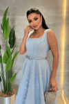 Dantel Payet Kumaş Balen Detaylı Midi Elbise - BEBE MAVİSİ