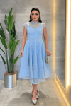 Dantel Payet Kumaş Midi Elbise - BEBE MAVİSİ