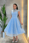 Dantel Payet Kumaş Midi Elbise - BEBE MAVİSİ