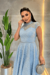 Dantel Payet Kumaş Midi Elbise - BEBE MAVİSİ