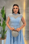 Dantel Payet Kumaş Midi Elbise - BEBE MAVİSİ