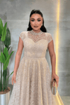 Dantel Payet Kumaş Midi Elbise - BEJ