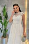 Dantel Payet Kumaş Midi Elbise - BEYAZ
