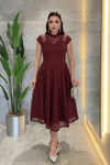 Dantel Payet Kumaş Midi Elbise - BORDO