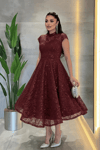 Dantel Payet Kumaş Midi Elbise - BORDO