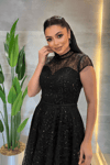 Dantel Payet Kumaş Midi Elbise - SİYAH