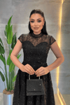 Dantel Payet Kumaş Midi Elbise - SİYAH