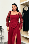 Double Kumaş Atlas Korse Detaylı Elbise - BORDO