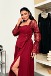 Double Kumaş Atlas Korse Detaylı Elbise - BORDO