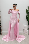Double Kumaş Balenli Saten Detaylı Abiye Elbise - PEMBE