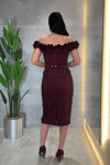 Double Kumaş Çiçek Detaylı Kalem Elbise - BORDO