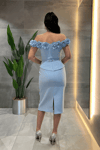 Double Kumaş Çiçek Detaylı Kalem Elbise - BEBE MAVİSİ