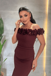 Double Kumaş Çiçek Detaylı Kalem Elbise - BORDO