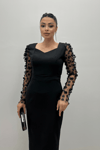 Crepe Fabric 3D Sleeve Flowy Pencil Dress - Black