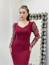 Double Kumaş Kolları 3 Boyutlu Çiçekli Kalem Elbise - BORDO