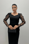 Crepe Fabric 3D Sleeve Flowy Pencil Dress - Black