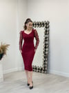 Double Kumaş Kolları 3 Boyutlu Çiçekli Kalem Elbise - BORDO