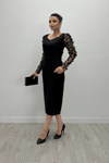 Crepe Fabric 3D Sleeve Flowy Pencil Dress - Black