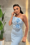 Double Kumaş Organze Çiçek Detaylı Kalem Elbise - BEBE MAVİSİ
