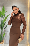 Double Kumaş Straplez Dantel Bolero Detaylı Elbise - KAHVERENGİ