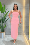 Double Kumaş Straplez Dantel Bolero Detaylı Elbise - PEMBE