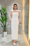 Double Kumaş Straplez Dantel Bolero Detaylı Elbise - BEYAZ