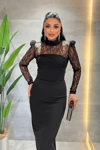 Double Kumaş Straplez Dantel Bolero Detaylı Elbise - SİYAH