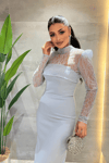 Double Kumaş Straplez Dantel Bolero Detaylı Elbise - BEBE MAVİSİ