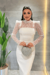 Double Kumaş Straplez Dantel Bolero Detaylı Elbise - BEYAZ