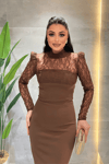 Double Kumaş Straplez Dantel Bolero Detaylı Elbise - KAHVERENGİ