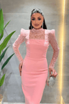 Double Kumaş Straplez Dantel Bolero Detaylı Elbise - PEMBE