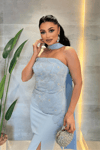 Double Kumaş Straplez Şal Detaylı Kalem Elbise - BEBE MAVİSİ