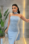 Double Kumaş Straplez Şal Detaylı Kalem Elbise - BEBE MAVİSİ