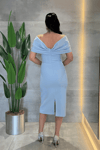 Double Kumaş Taş Detaylı Kayık Yaka Kalem Elbise - BEBE MAVİSİ