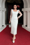 Glitter Fabric Square Collar Pencil Dress - WHİTE