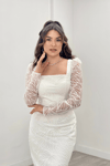 Flog Baskı Kare Yaka Kalem Elbise - BEYAZ