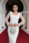 Glitter Fabric Square Collar Pencil Dress - WHİTE