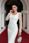 Glitter Fabric Square Collar Pencil Dress - WHİTE