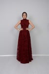 Flok Baskı Dantel Abiye Elbise - Bordo