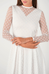Flock Printed Spoty Detailed Midi Dress   - White
