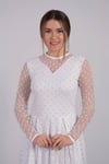 Flok Baskı Puantiye Detaylı Midi Elbise - Beyaz