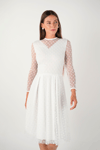 Flock Printed Spoty Detailed Midi Dress   - White
