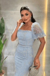 Ful Boncuklu Kare Yaka Kalem Elbise - BEBE MAVİSİ