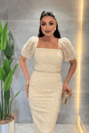 Ful Boncuklu Kare Yaka Kalem Elbise - GOLD