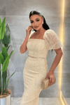 Ful Boncuklu Kare Yaka Kalem Elbise - GOLD