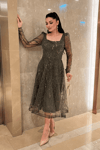 Ful Boncuklu Kare Yaka Midi Elbise - HAKİ YEŞİLİ