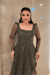 Ful Boncuklu Kare Yaka Midi Elbise - HAKİ YEŞİLİ