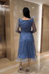 Ful Boncuklu Kare Yaka Midi Elbise - İNDİGO MAVİ